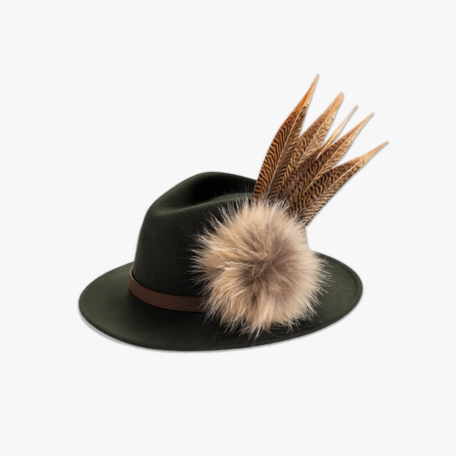 Green Fedora with Feather Brooch