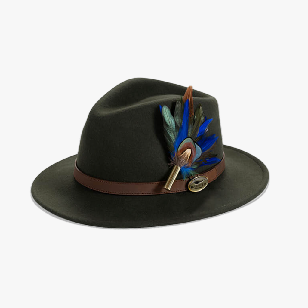 Green Fedora with Feather Brooch