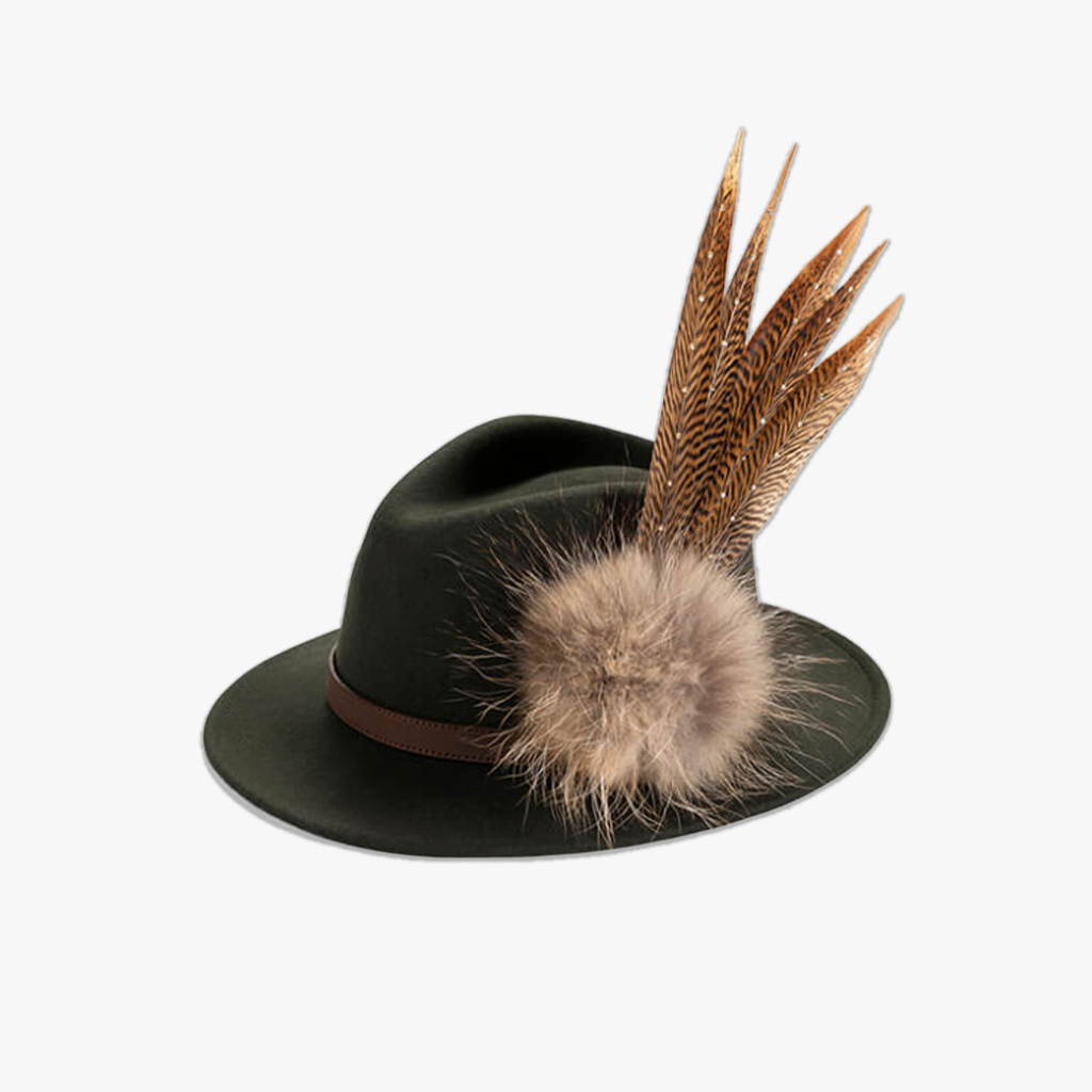 Green Fedora with Feather Brooch