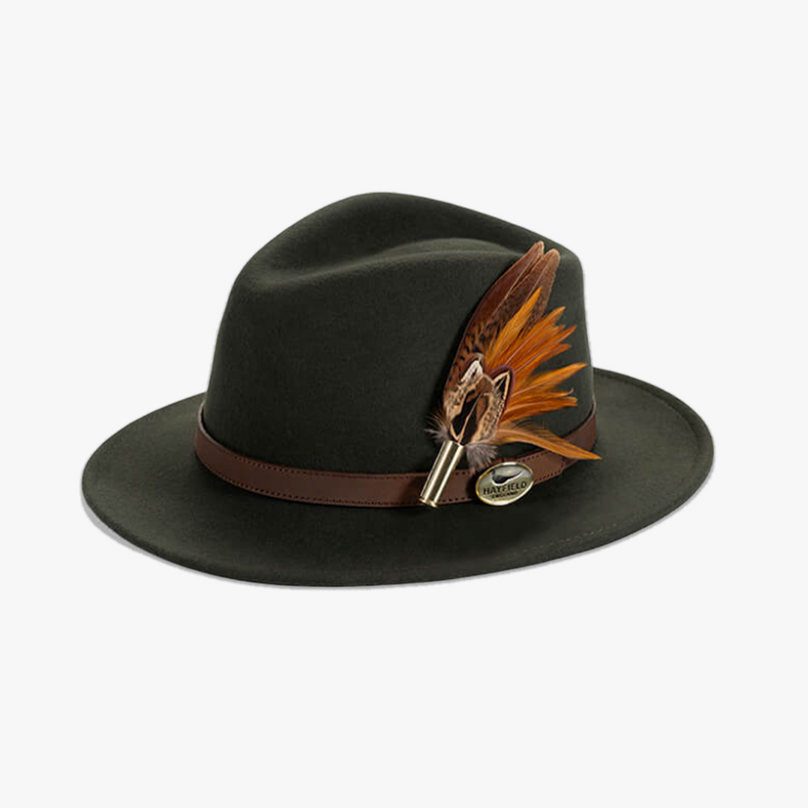 Green Fedora with Feather Brooch