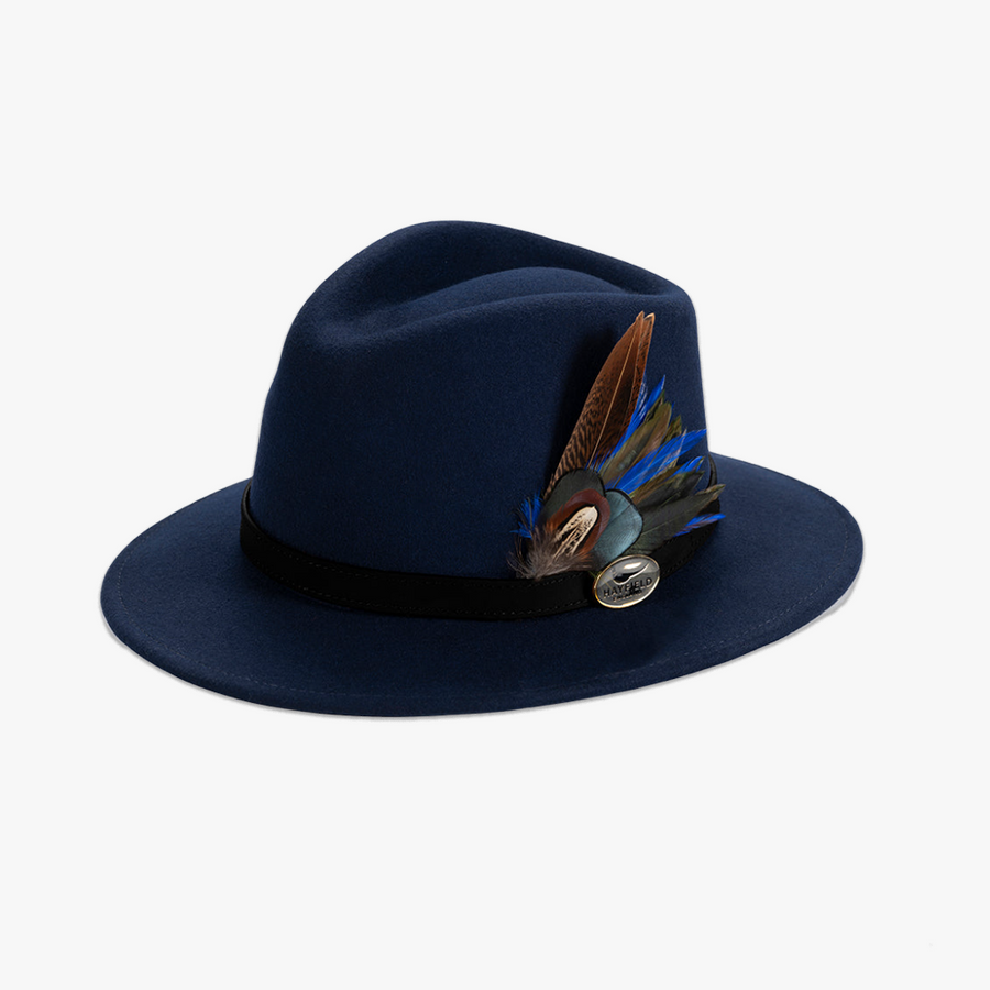 Navy Blue Fedora with Black Leather Band and Game Bird Feather