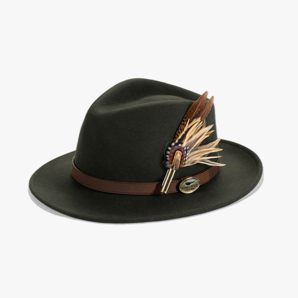 Green Fedora with Feather Brooch