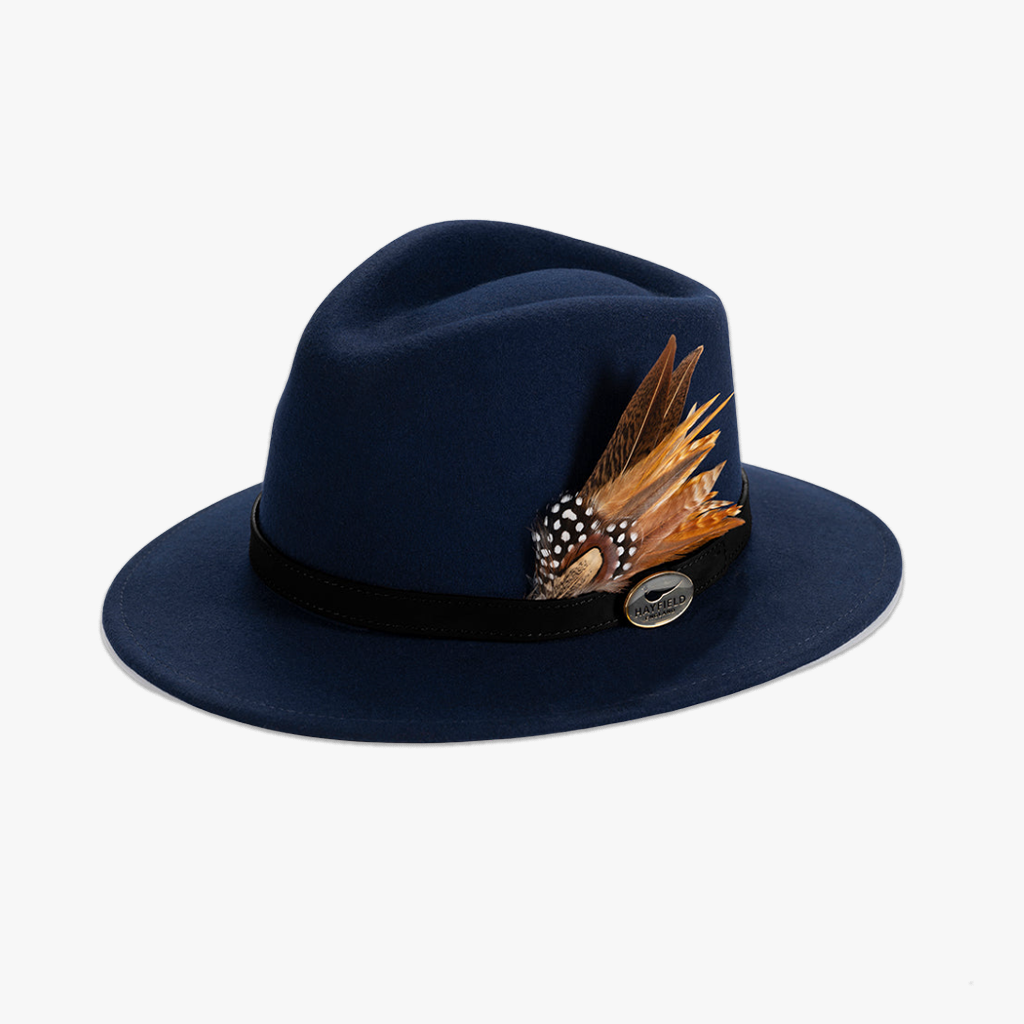 Navy Blue Fedora Hat with Tanned Leather Band and Game Bird Feather