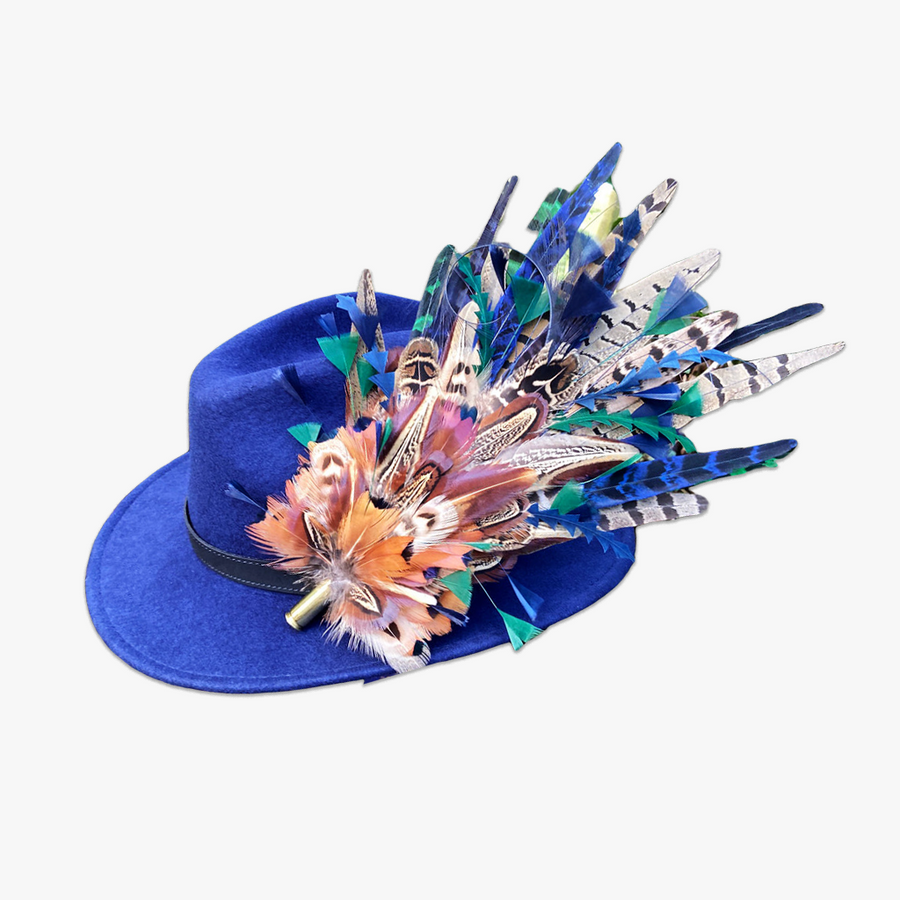 Navy Blue Windsor Fedora with Feather Brooch