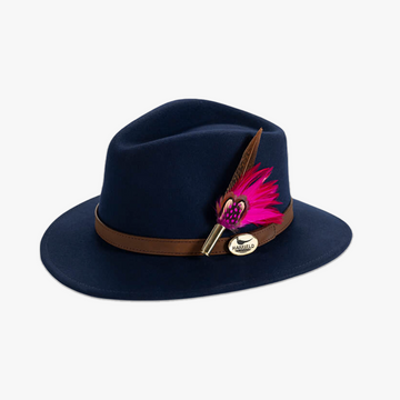 Navy Fedora with Feather Brooch