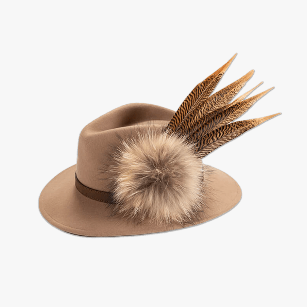 Camel Fedora with Feather Brooch - Hayfield England New