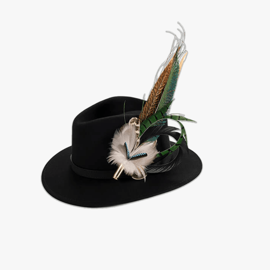 Black Fedora with Feather Brooch - Hayfield England New