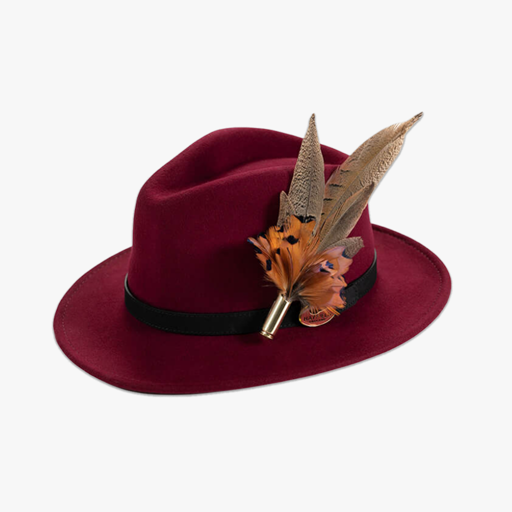 Maroon Fedora with Feather Brooch