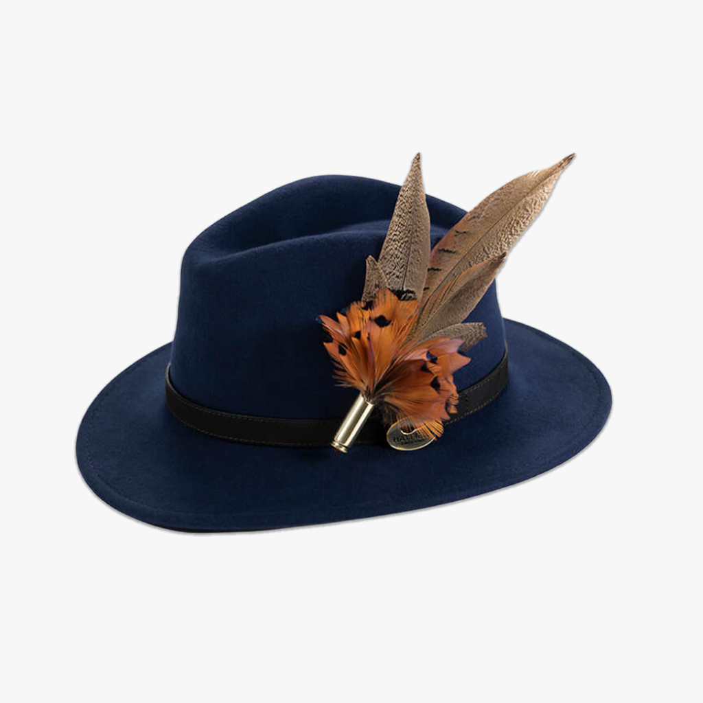 Navy Fedora with Feather Brooch