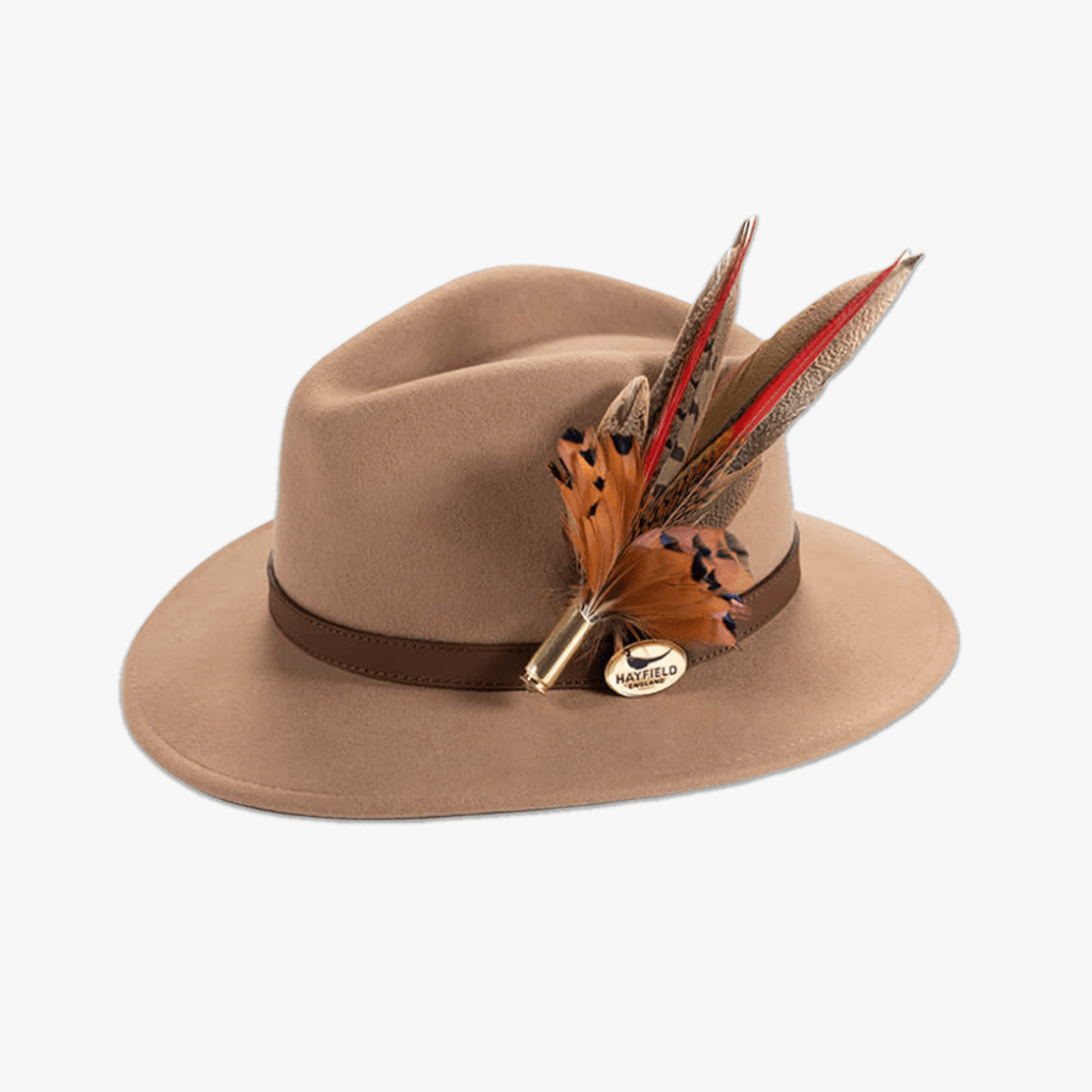 Camel Fedora with Feather Brooch - Hayfield England New