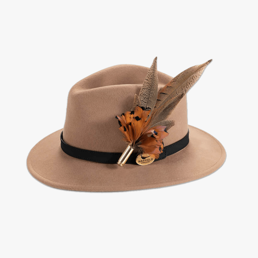 Camel Fedora with Feather Brooch - Hayfield England New