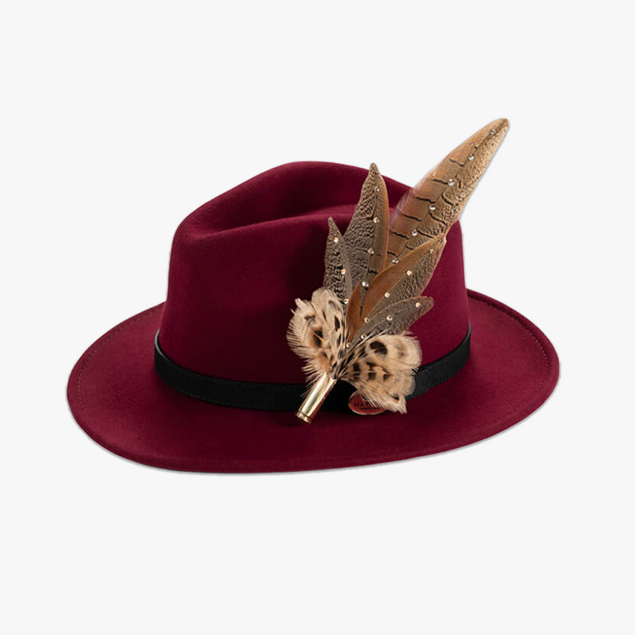 Maroon Fedora with Feather Brooch