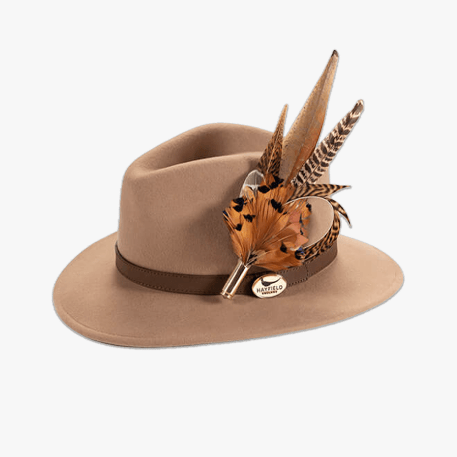 Camel Fedora with Feather Brooch - Hayfield England New