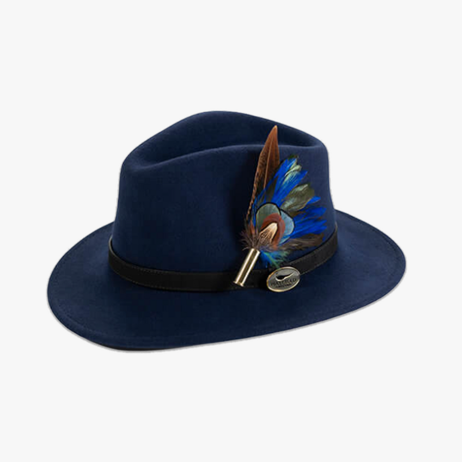 Navy Fedora with Feather Brooch