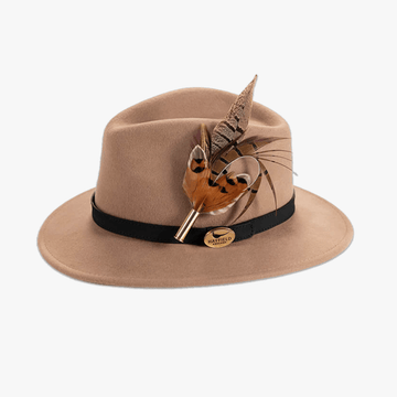 Camel Fedora with Feather Brooch - Hayfield England New