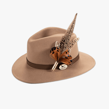 Camel Fedora with Feather Brooch - Hayfield England New