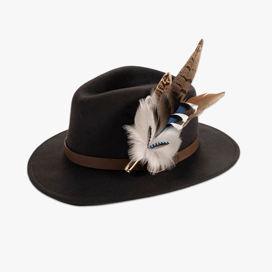 Brown Fedora with Feather Brooch - Hayfield England New