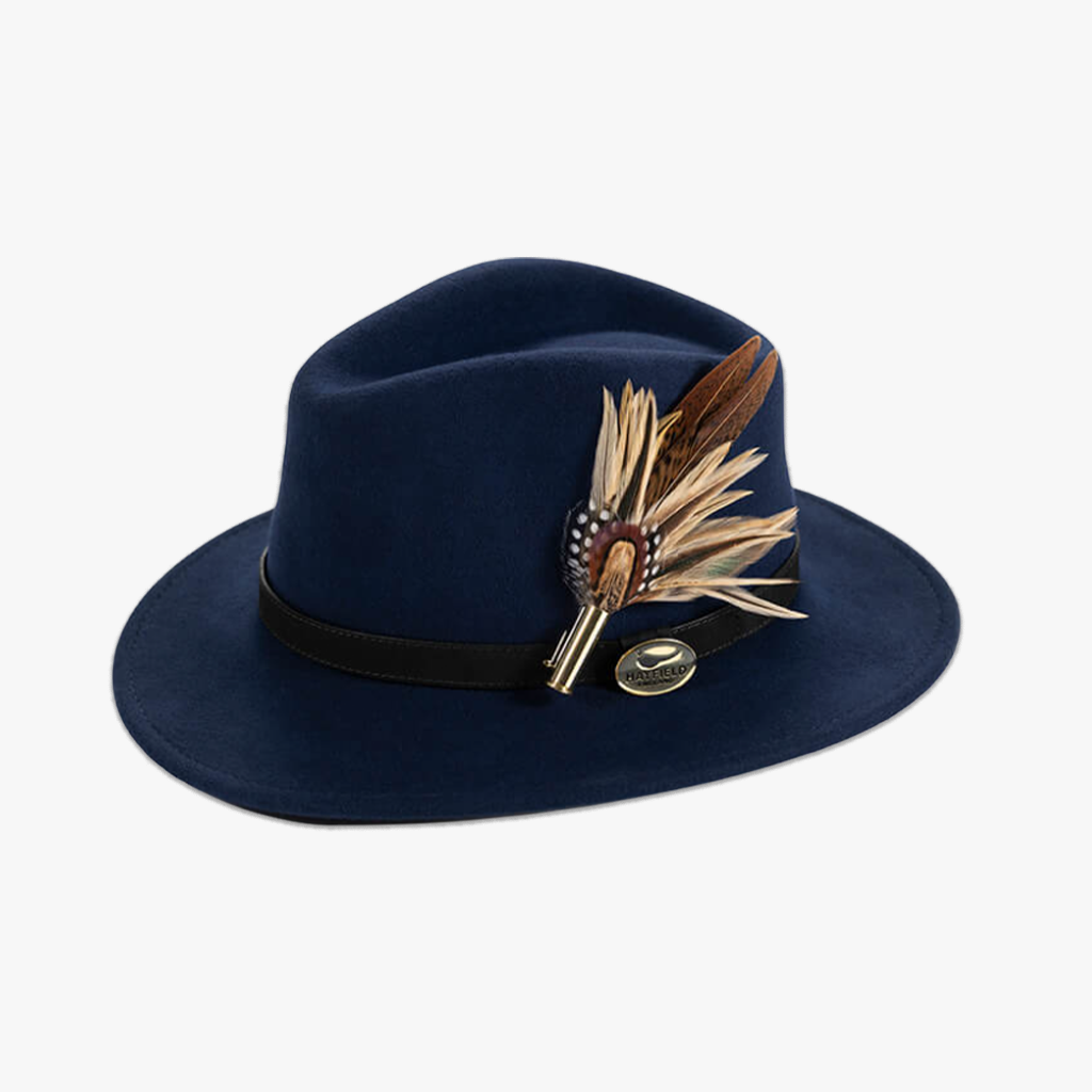 Navy Fedora with Feather Brooch