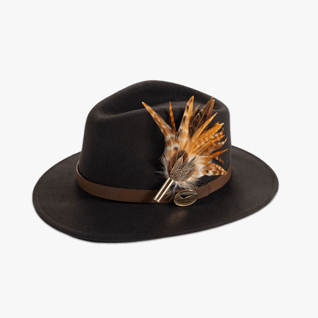 Brown Fedora with Feather Brooch - Hayfield England New