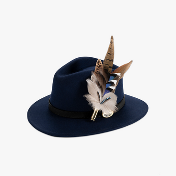 Navy Blue Fedora with a Black Leather Band and Feather Brooch