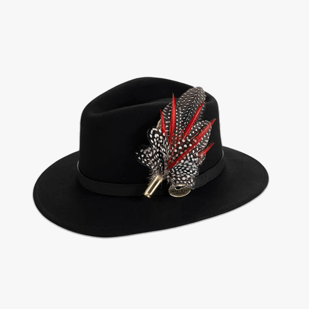 Black Fedora with Feather Brooch - Hayfield England New