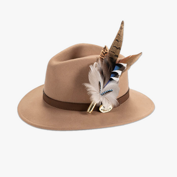 Camel Fedora with Feather Brooch