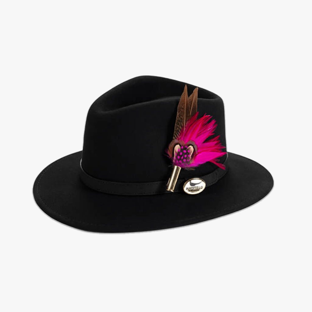 Black Fedora with Feather Brooch - Hayfield England New