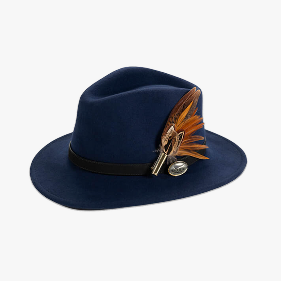 Navy Fedora with Feather Brooch