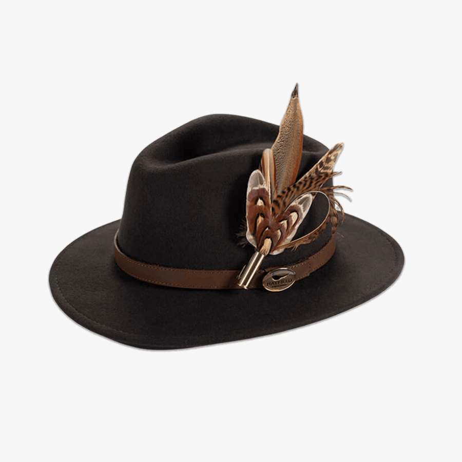 Brown Fedora with Feather Brooch - Hayfield England New