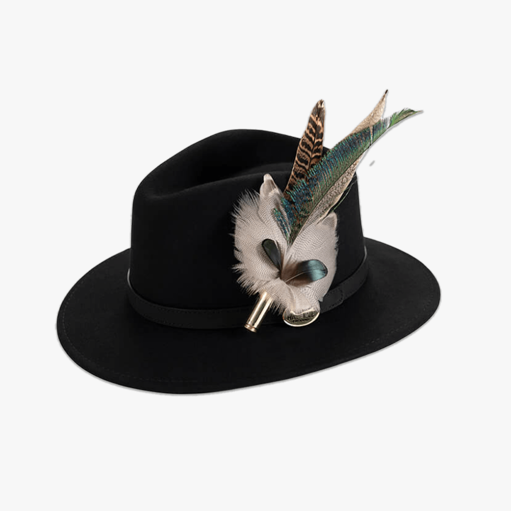 Black Fedora with Feather Brooch - Hayfield England New