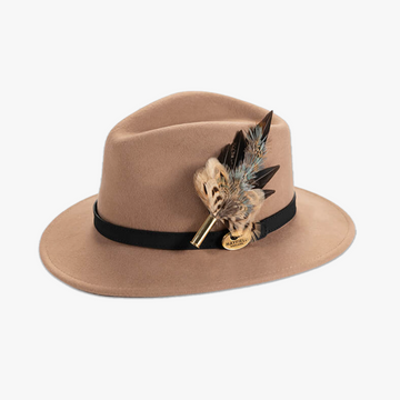 Camel Fedora with Feather Brooch