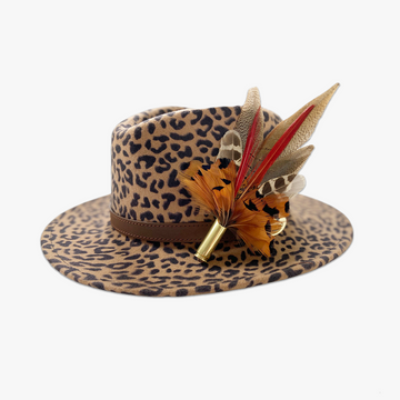Animal Print Fedora with Feather Brooch