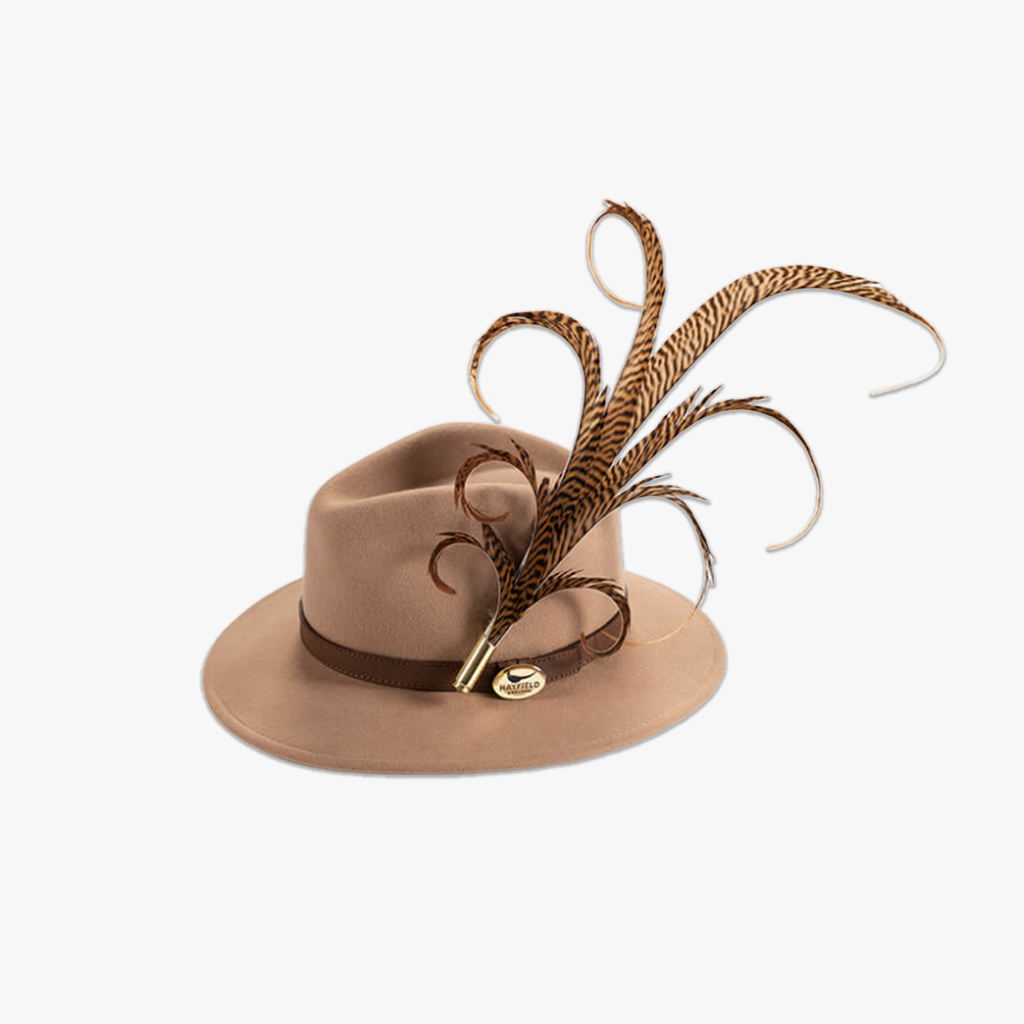 Camel Fedora with Feather Brooch