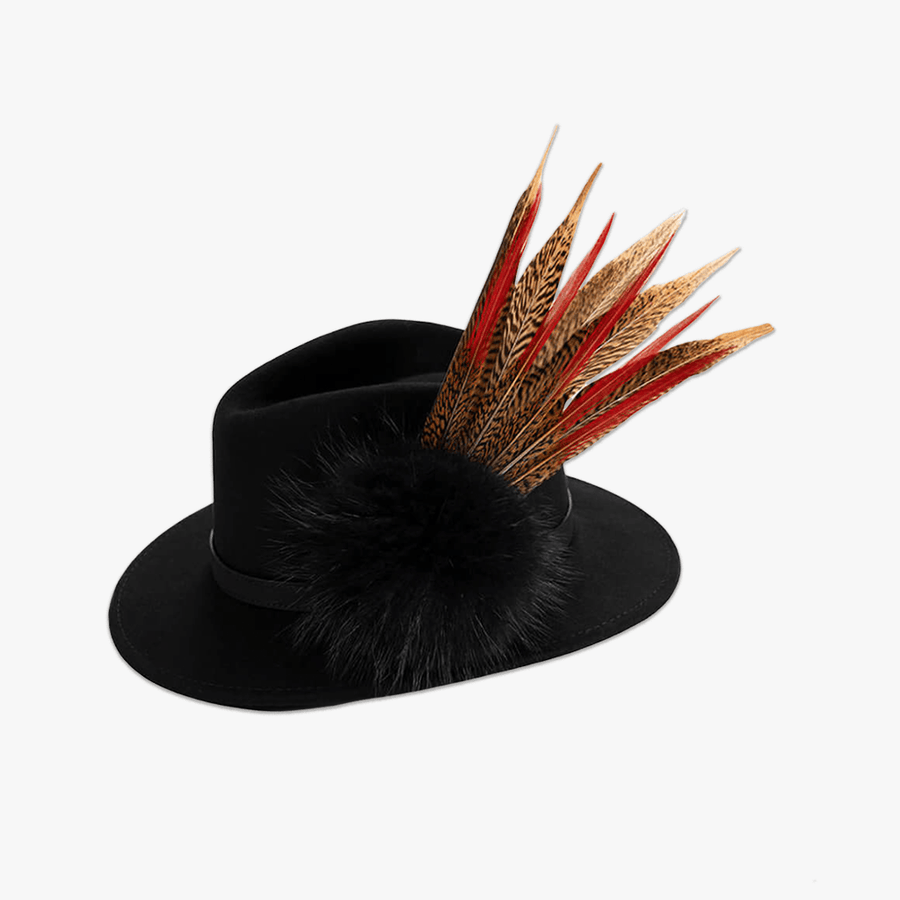Black Fedora with Feather Brooch - Hayfield England New