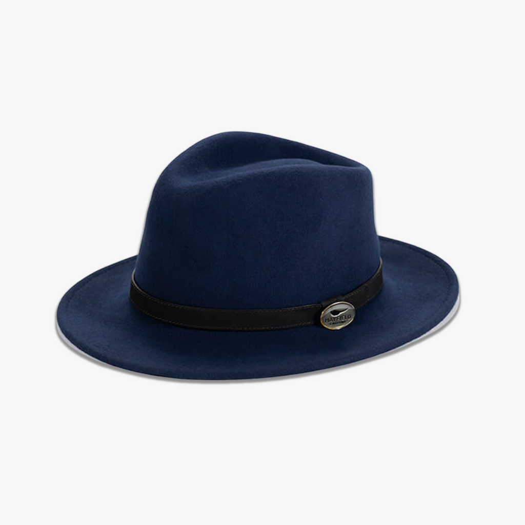 Navy Blue Fedora Hat with Black Leather Band