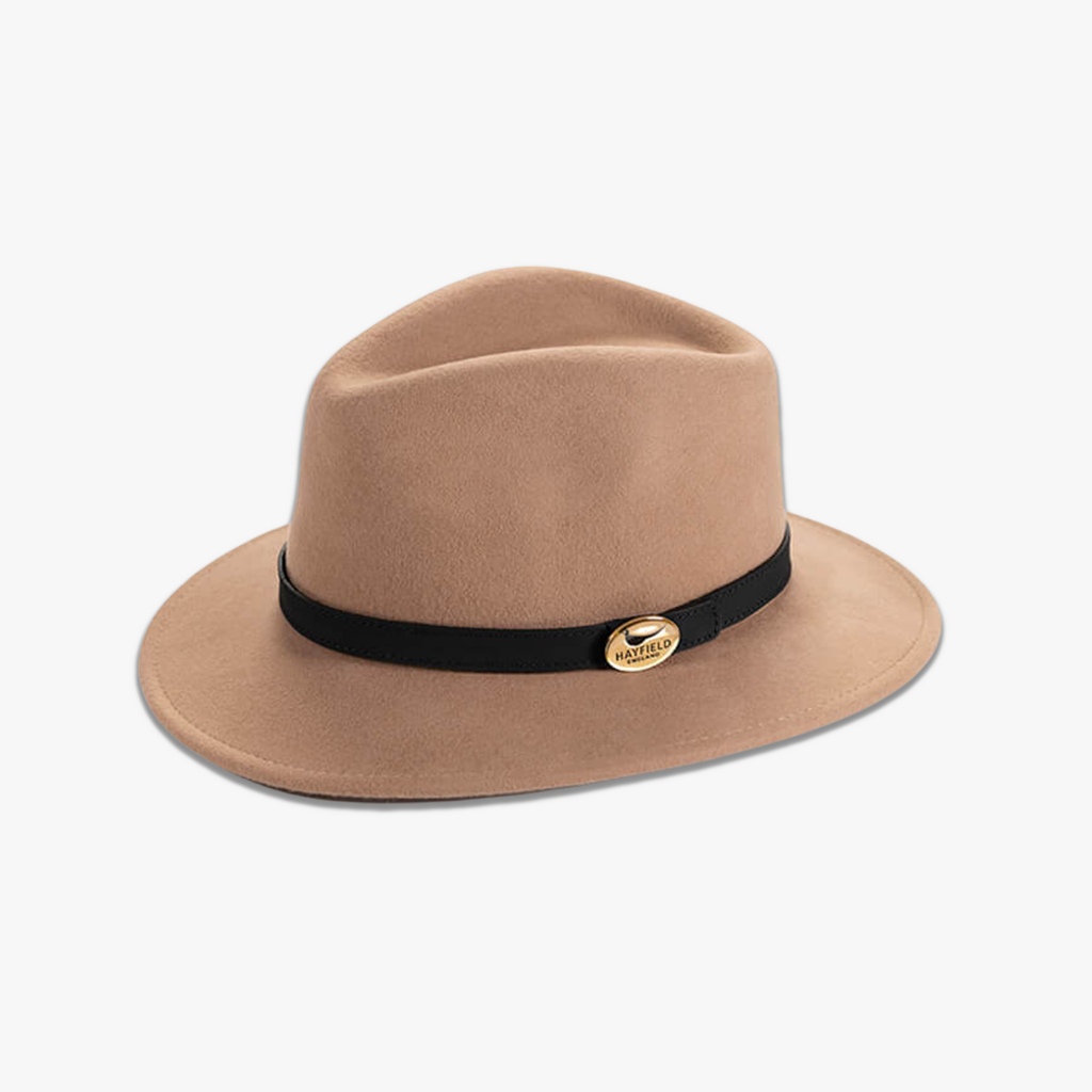 Camel Fedora Hat with Black Leather Band